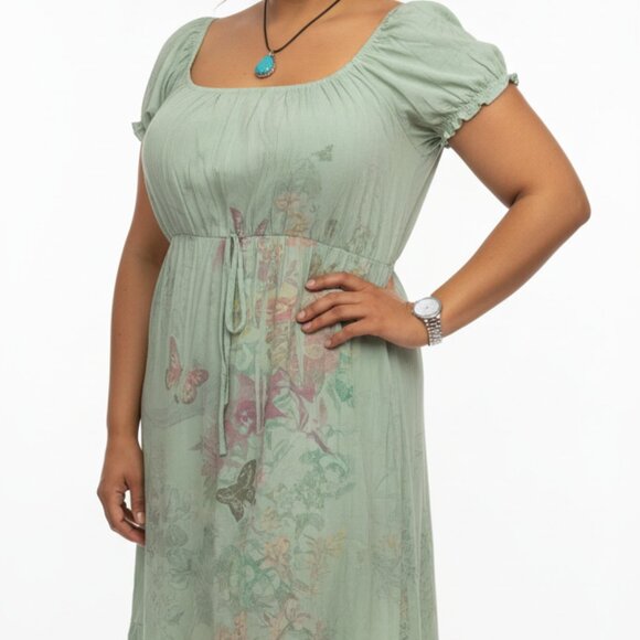 NWT Bamboo Traders Bohemian Sage Green Dress  L Colorful Butterfly Floral Print - Picture 2 of 11